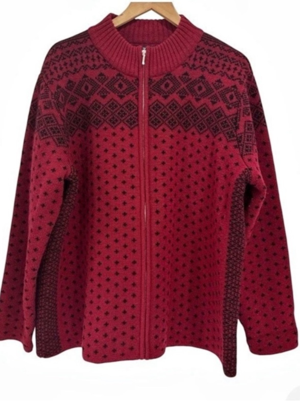 VINTAGE Lands’ End Red & Black Fair Isle Full Zip Cardigan Sweater 2X